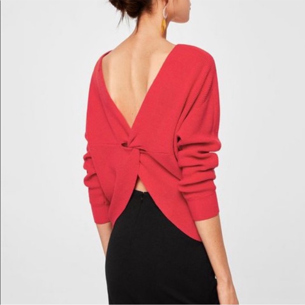 Mango Cropped Red Knot Back Sweater NWT